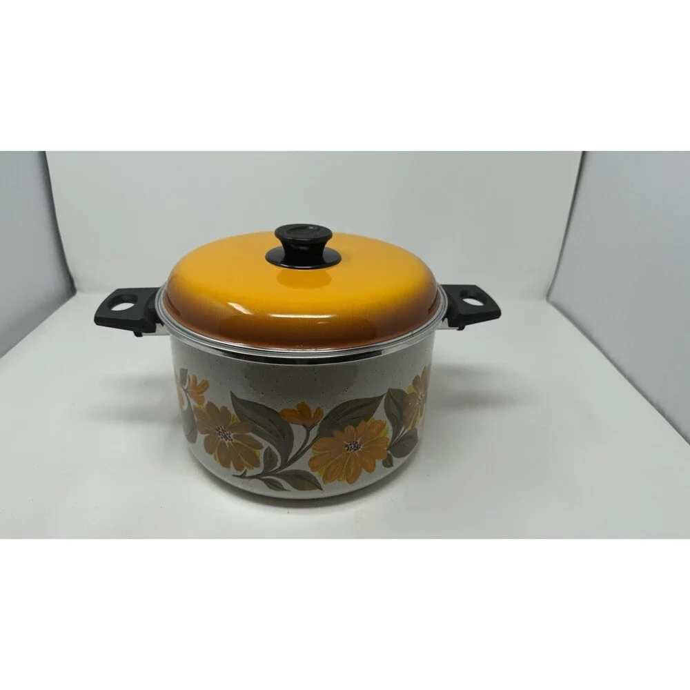 JMP Capri Enamelware Double Handle Pot with Lid Retro Floral Vtg 6 Quart